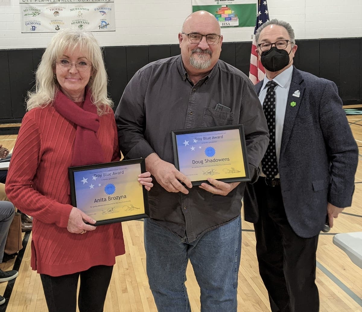 From left: Anita Brozyna and Doug Shadowens, with Troy Superintendent Dr. Todd Koehl