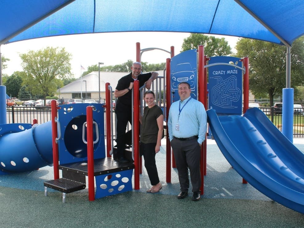 Summer work at Troy 30-C included a new playground at Troy Craughwell Elementary School. Here, Assistant Principal Steve Foster, Principal Maggie Lopez and Facilities and Operations Director Ben Hettel.