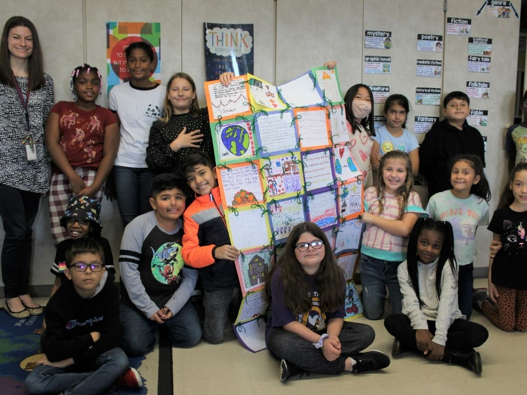 Students in Kaylee Stubitz’s class shared what they are thankful for on a large paper quilt.
