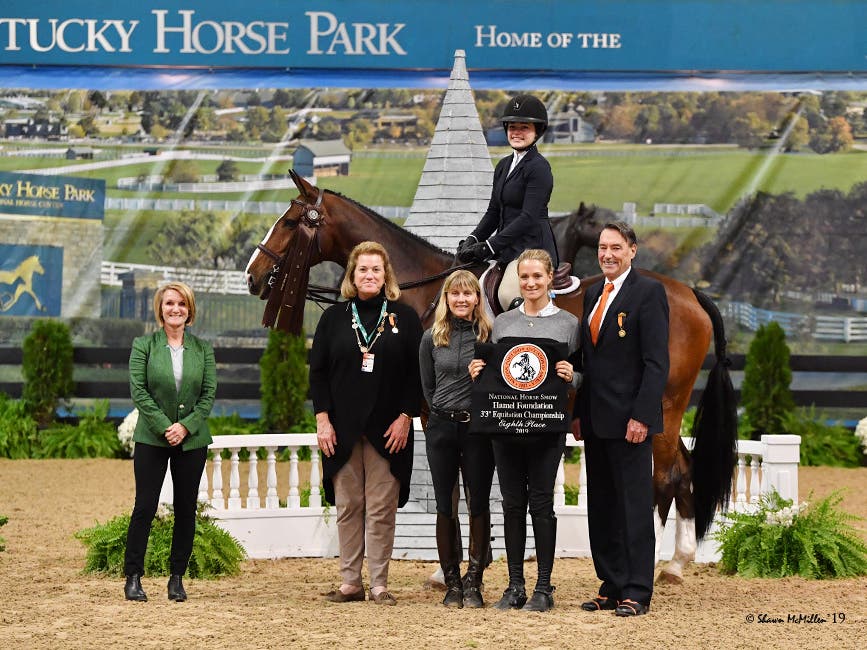 Sienna Keane placing 8th in the Hamel Foundation National Horse Show 3'3 Medal Finals