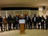 L-R: Chief Police Otoniel Reyes, Imam Bajwa, Pastor Steele, US Rep Rosa DeLauro, Pastor Cousin, State Rep Pat Dillon, Senate Rep Martin Looney, Mayor Elicker, Eli Sabin, Steve Ginsburg, Rabbi Lustig, Rabbi Farbman, Fire Chief John Alston, Judy Alperin