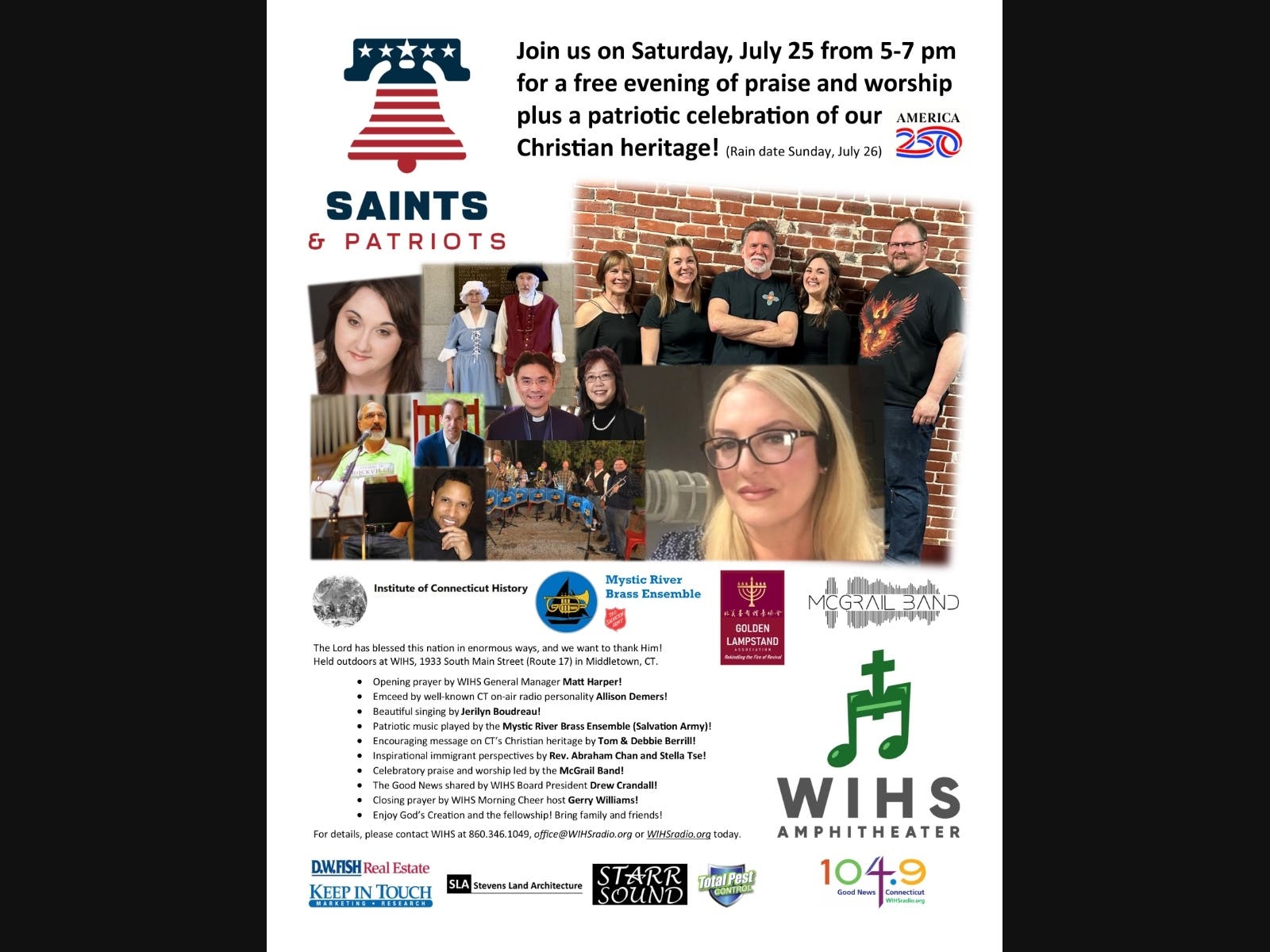 A collage of the speakers, singers and musicians who are in the lineup for this enthusiastic and inspirational free event on Saturday, July 25 from 5-7 pm. (The rain date is Sunday, July 26.)