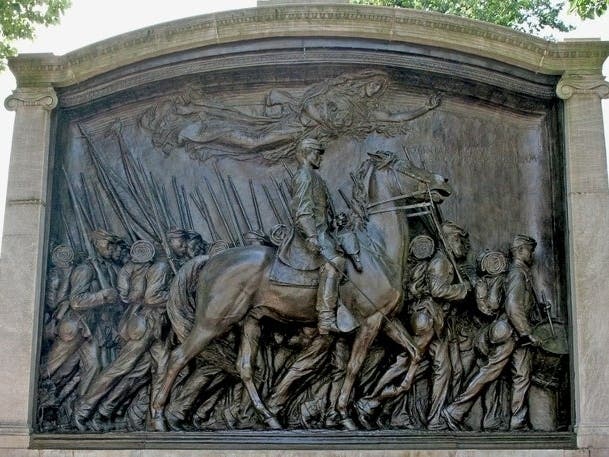 The memorial commemorates the valiant efforts of Colonel Robert Gould Shaw and the men of the 54th Massachusetts, the first Civil War regiment of African Americans enlisted in the North.