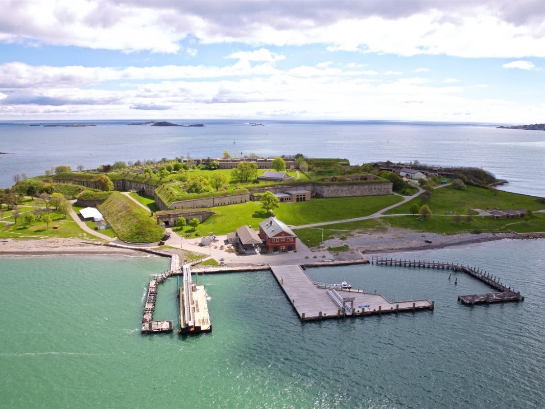 Aerial view of Georges Island. The proposed pavilion would be constructed where the white tent appears at left in this photo.