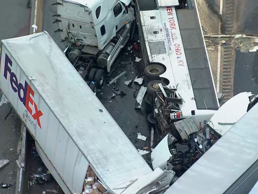 This image from video provided by KDKA TV shows the scene on the Pennsylvania Turnpike near Greensburg, where five people were killed and 60 others were injured in a crash early Sunday that involved multiple vehicles.