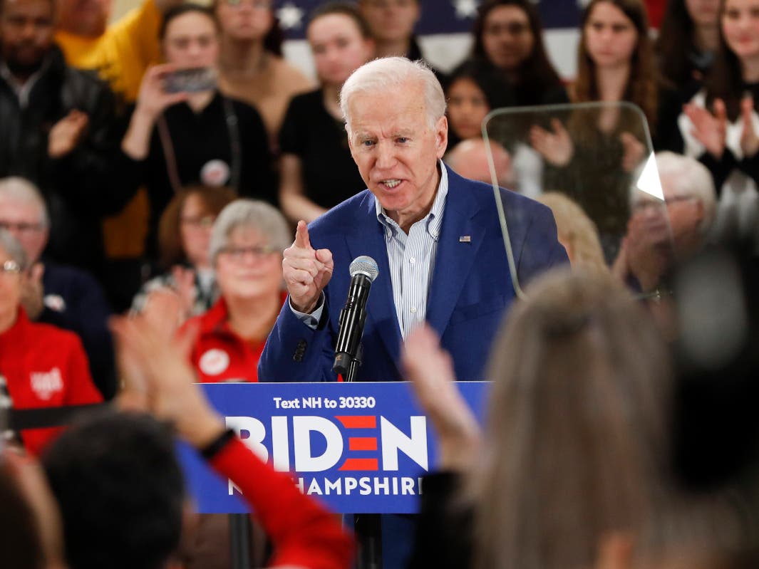 Democratic presidential candidate former Vice President Joe Biden speakings to supporters at St. George Greek Orthodox Cathedral, Monday, Feb. 10, 2020, during a campaign event in Manchester, N.H.Joe Biden