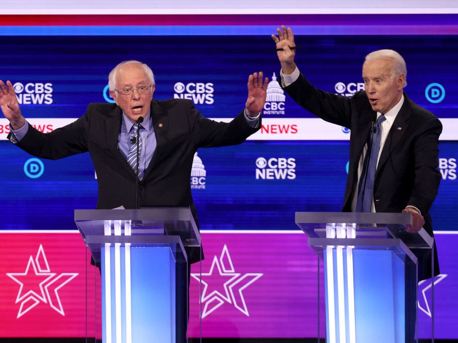 Bernie Sanders and Joe Biden at a recent Democratic presidential candidates debate.  