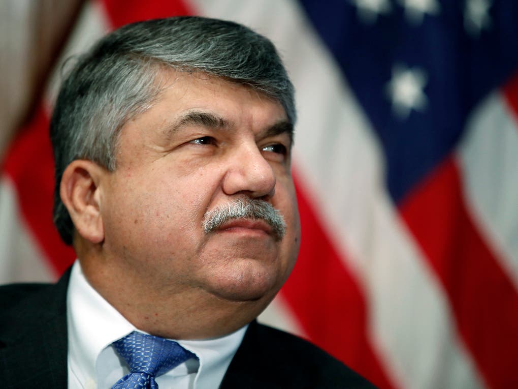In this April 4, 2017 file photo, AFL-CIO president Richard Trumka listens at the National Press Club in Washington.