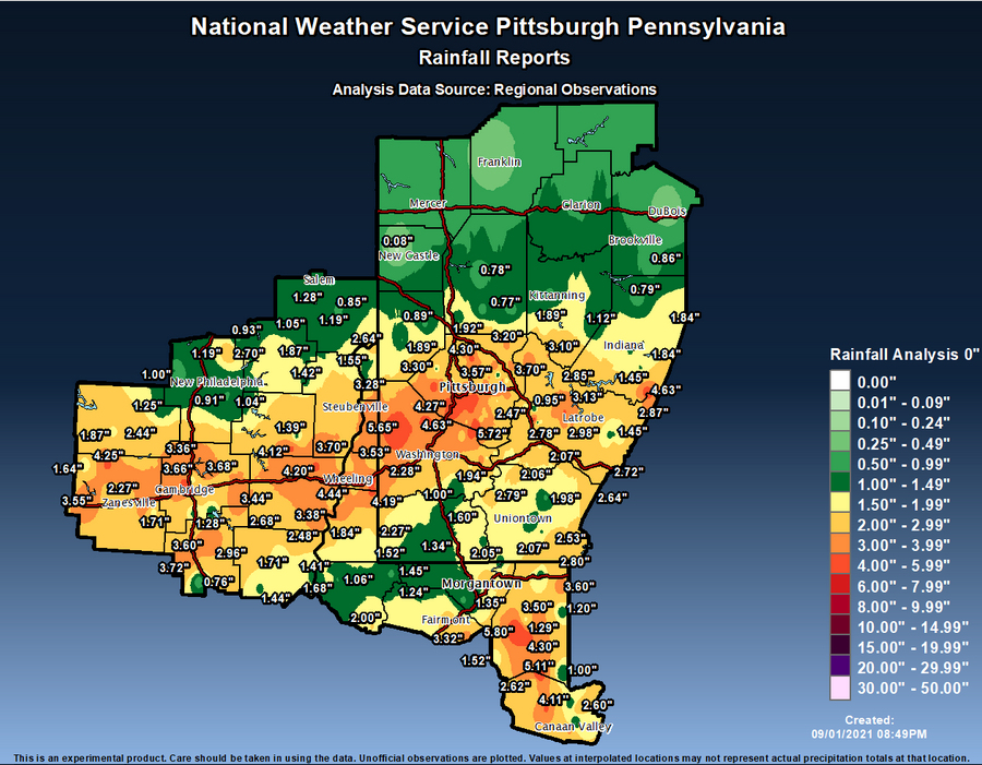 Rain totals in southwestern Pennsylvania on Wednesday.
