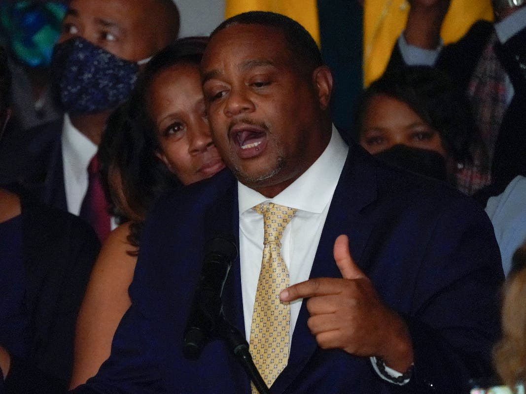 Ed Gainey, right, stands next to his wife Michelle as he speaks to supporters at the Benedum Center for the Performing Arts after winning the election for Mayor of Pittsburgh during his election night returns watch party, Tuesday, Nov. 2, 2021, 
