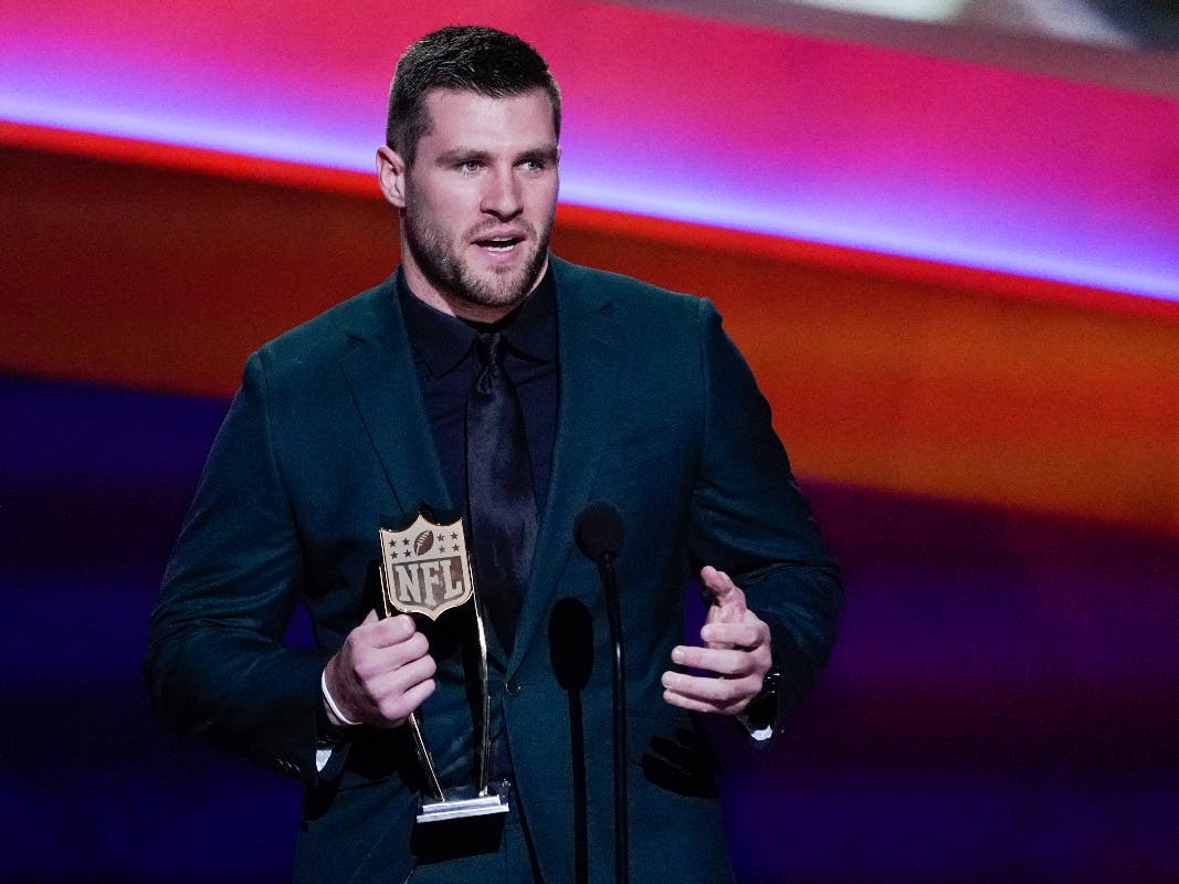 T.J. Watt from the Pittsburgh Steelers receives the AP Defensive Player of the Year Award during the NFL Honors show Thursday, Feb. 10, 2022, in Inglewood, Calif. 