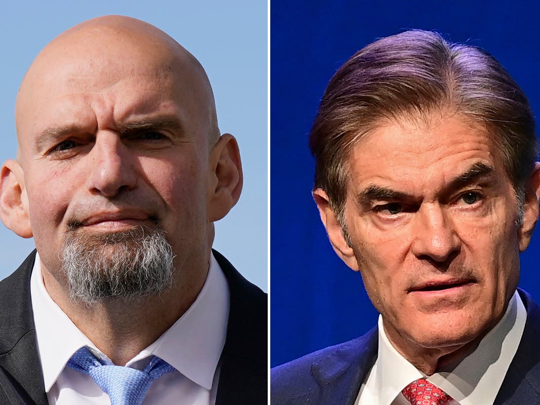 This combination of file photos shows Democratic Senate candidate, Pennsylvania Lt. Gov. John Fetterman, left, and Republican Senate candidate Dr. Mehmet Oz in 2022 photos. 