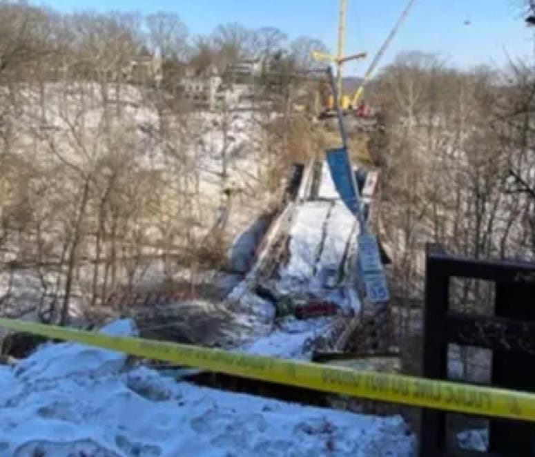 The collapsed Fern Hollow Bridge in January.