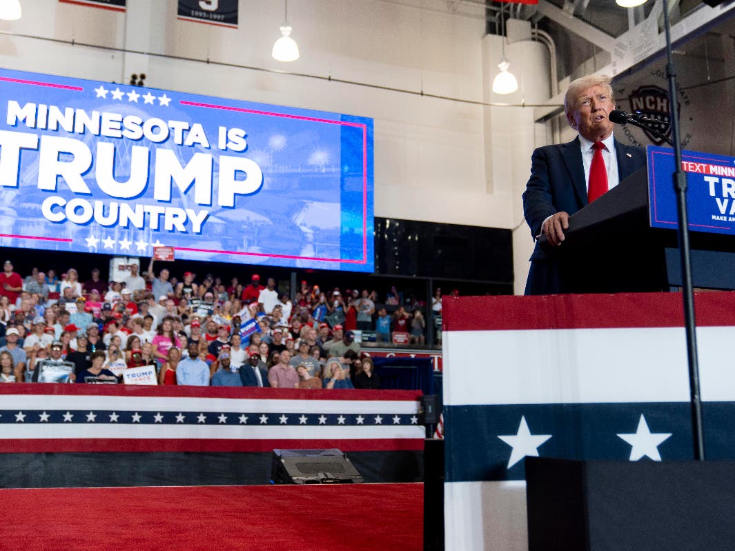 Republican presidential candidate former President Donald Trump speaks at a campaign rally, Saturday, July 27, 2024, in St. Cloud, Minn. 