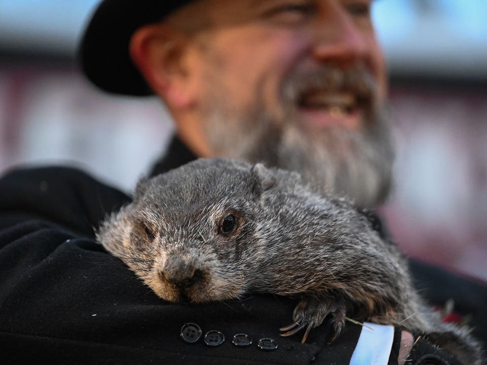 Groundhog Club handler A.J. Dereume holds Punxsutawney Phil, the weather prognosticating groundhog, during the 140th celebration of Groundhog Day on Gobbler's Knob in Punxsutawney, Pa., Monday, Feb. 2, 2026. 