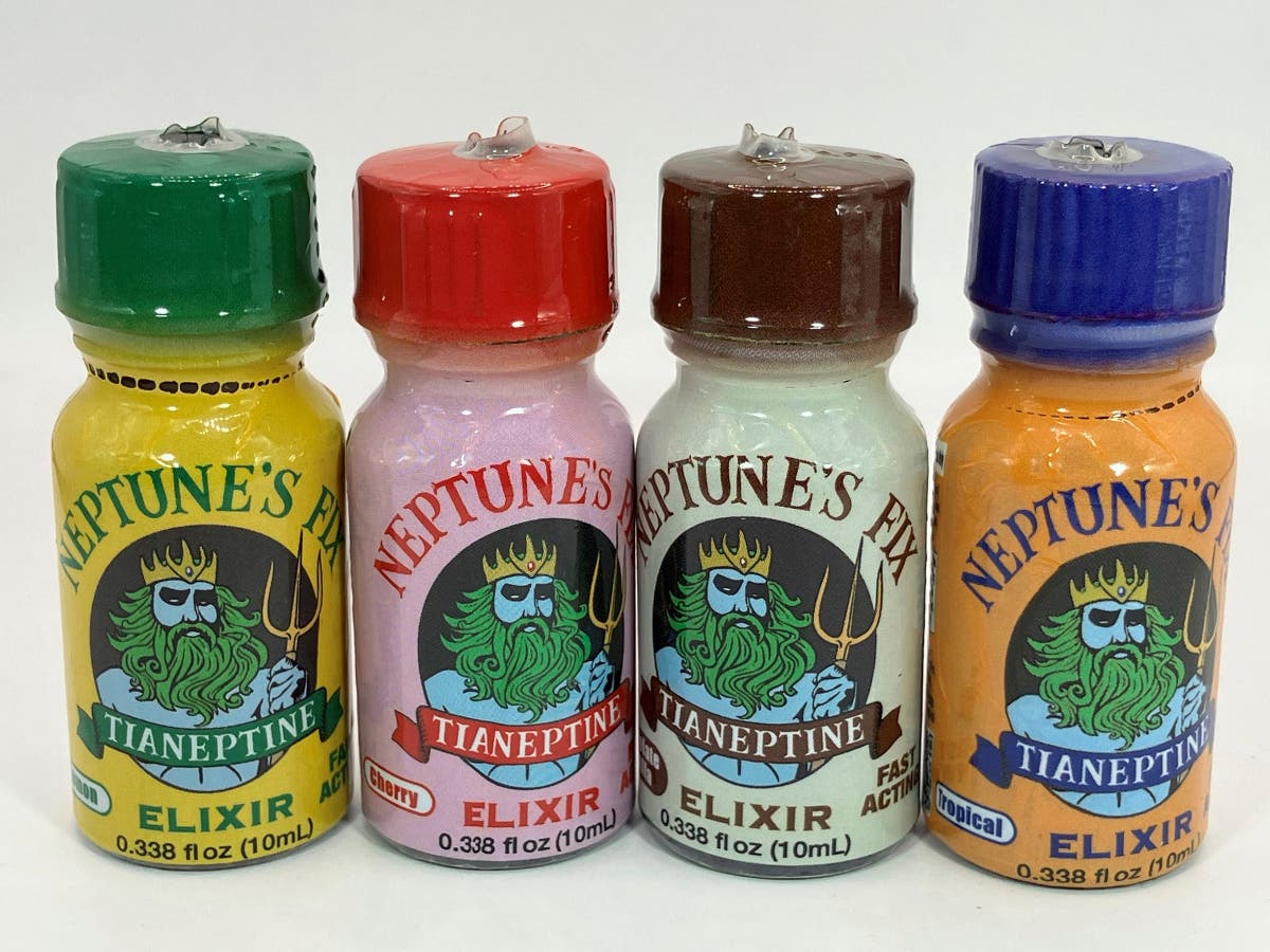 This photo provided by the FDA in January 2024 shows bottles of Neptunes Fix Elixir, a product labeled to contain tianeptine.