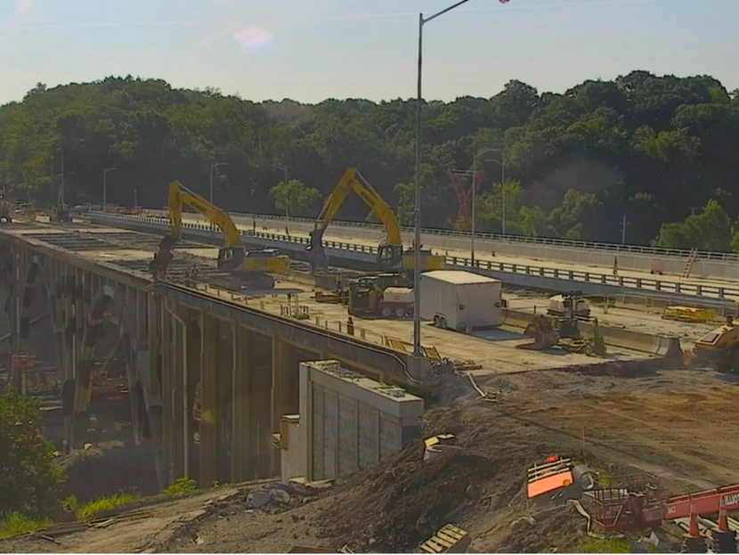 Demolition work occurs Monday morning on the Parkway East's Commercial Street Bridge.