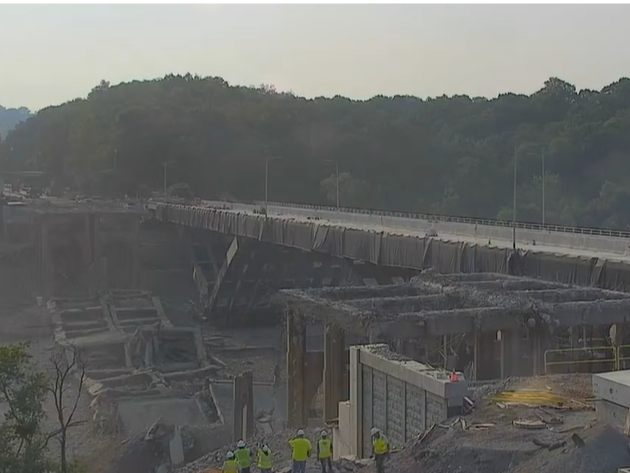The ruins of the Commercial Street Bridge moments after the implosion.
