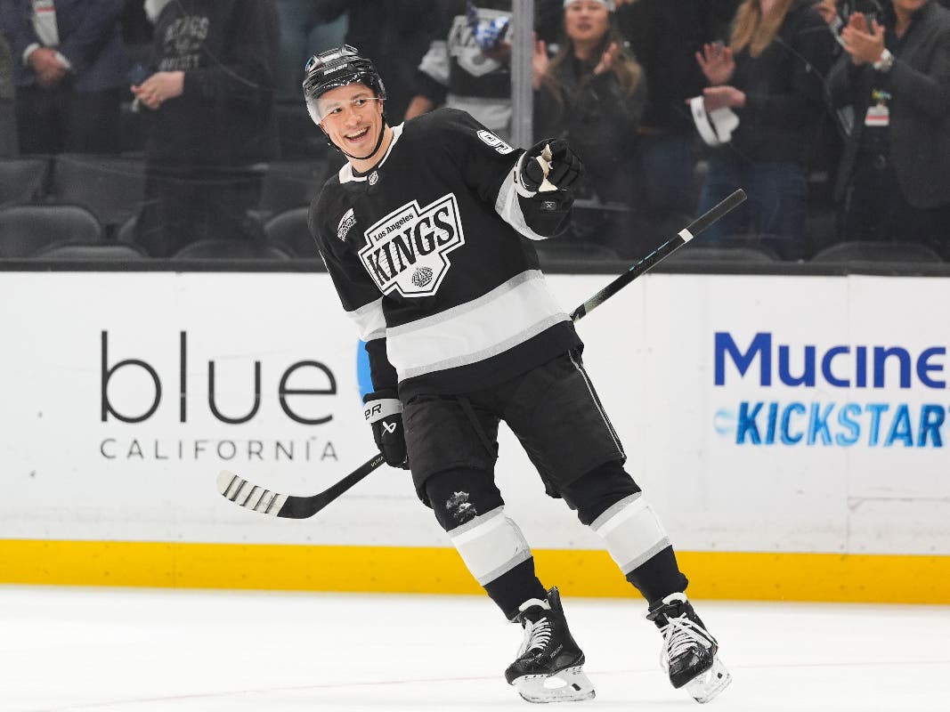 Andrei Kuzmenko, then with the Los Angeles Kings,celebrates his goal during the first period of an NHL hockey game against the Seattle Kraken Wednesday, Feb. 4, 2026, in Los Angeles.