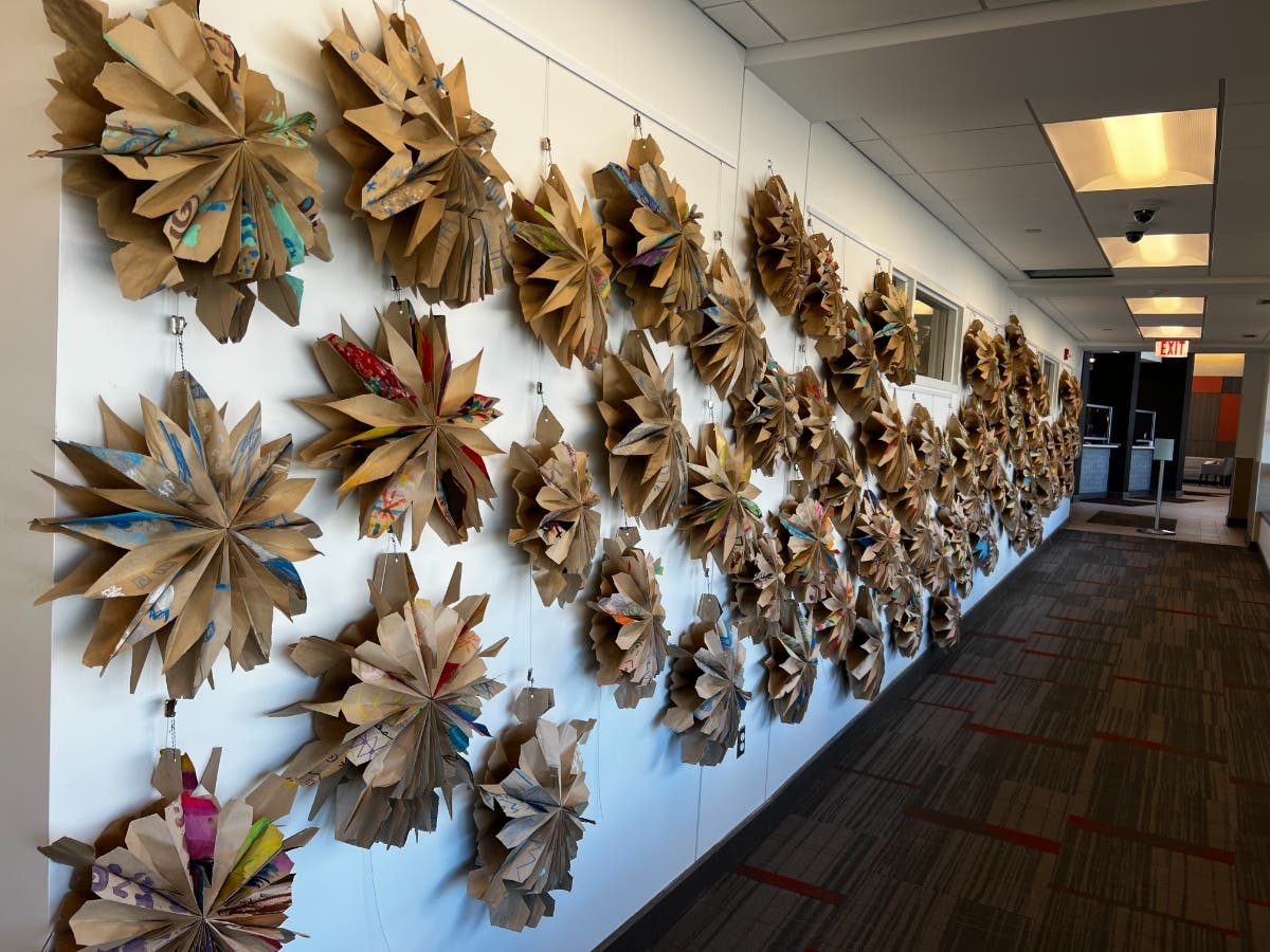 The 78 snowflakes are displayed in the Village Hall for viewing during regular business hours, or they can be seen from your car for a drive-by view.