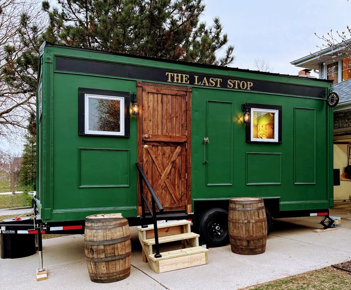 While it may be mobile, the pub doesn't lack for amentities. It has heat, AC, two beer taps with keg coolers, a TV with WiFi, a sound bar, a fireplace, bar stools and seating, and full power.