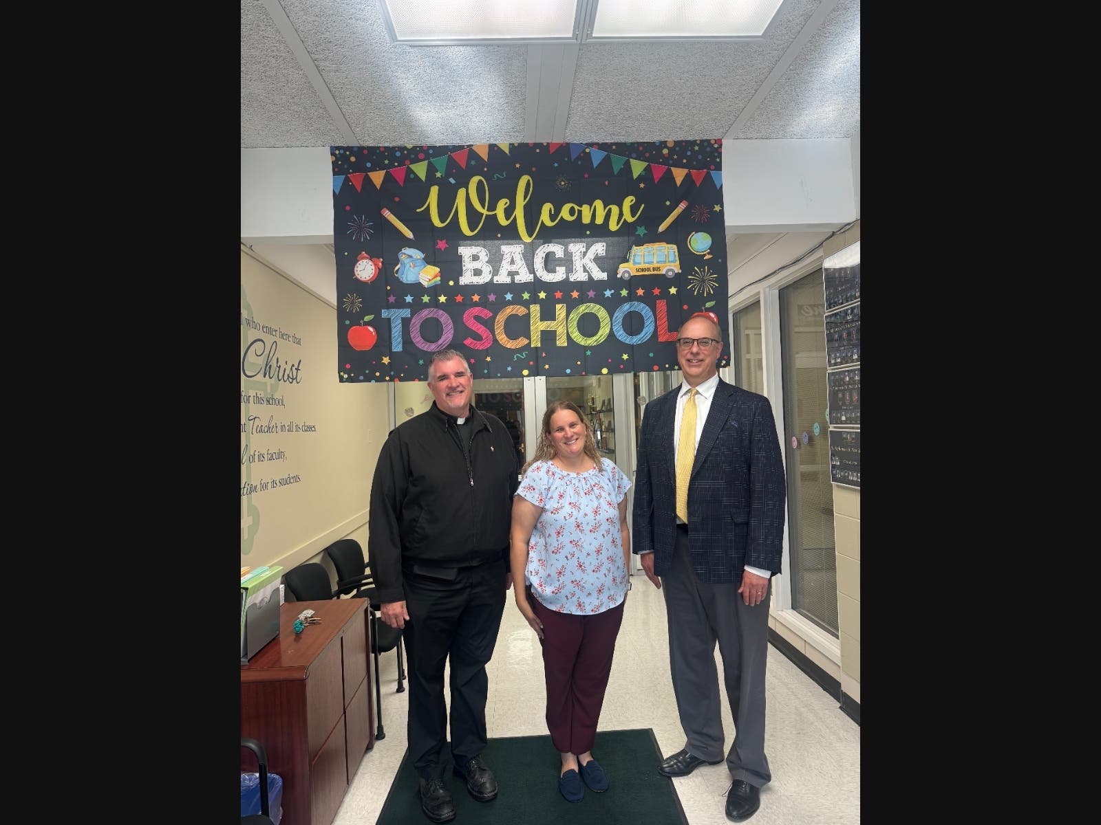 Superintendent Richmond joined the community for the first day, visiting classrooms and meeting with Principal Michelle Bessler and Pastor Fr. Brian Ardagh to hear about the year ahead.