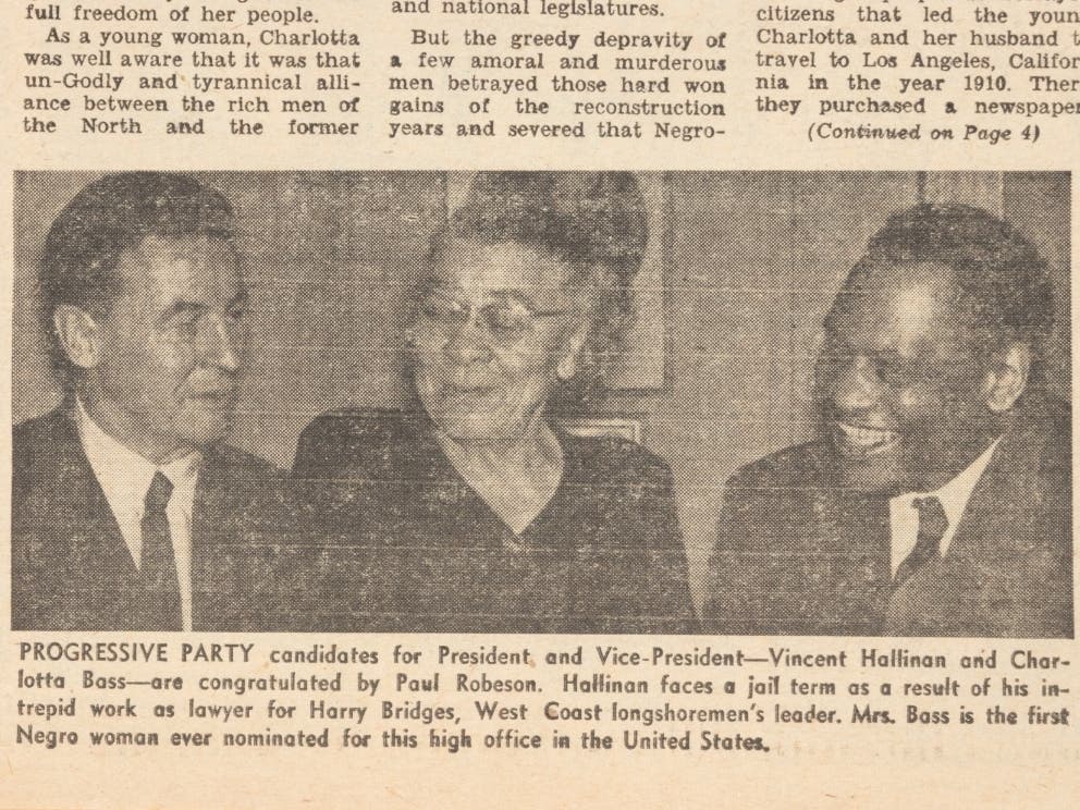 Progressive Party supporter Paul Robeson congratulates 1952 U.S. Vice-Presidential Candidate Charlotta Bass and 1952 U.S. Presidential Candidate Vincent Hallinan after their nomination as candidates of Progressive Party in 1952. 