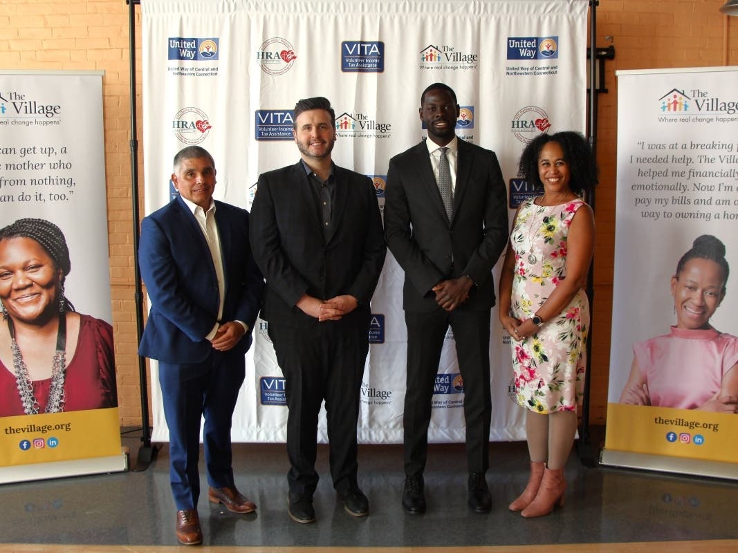 Hector Glynn, President and CEO at The Village; Eric Harrison, President and CEO at United Way of Central and Northeastern Connecticut; Shay Ajayi, Chief Operating Officer at the City of Hartford; and, Dr. Marlo Greponne, Executive Director at HRA.