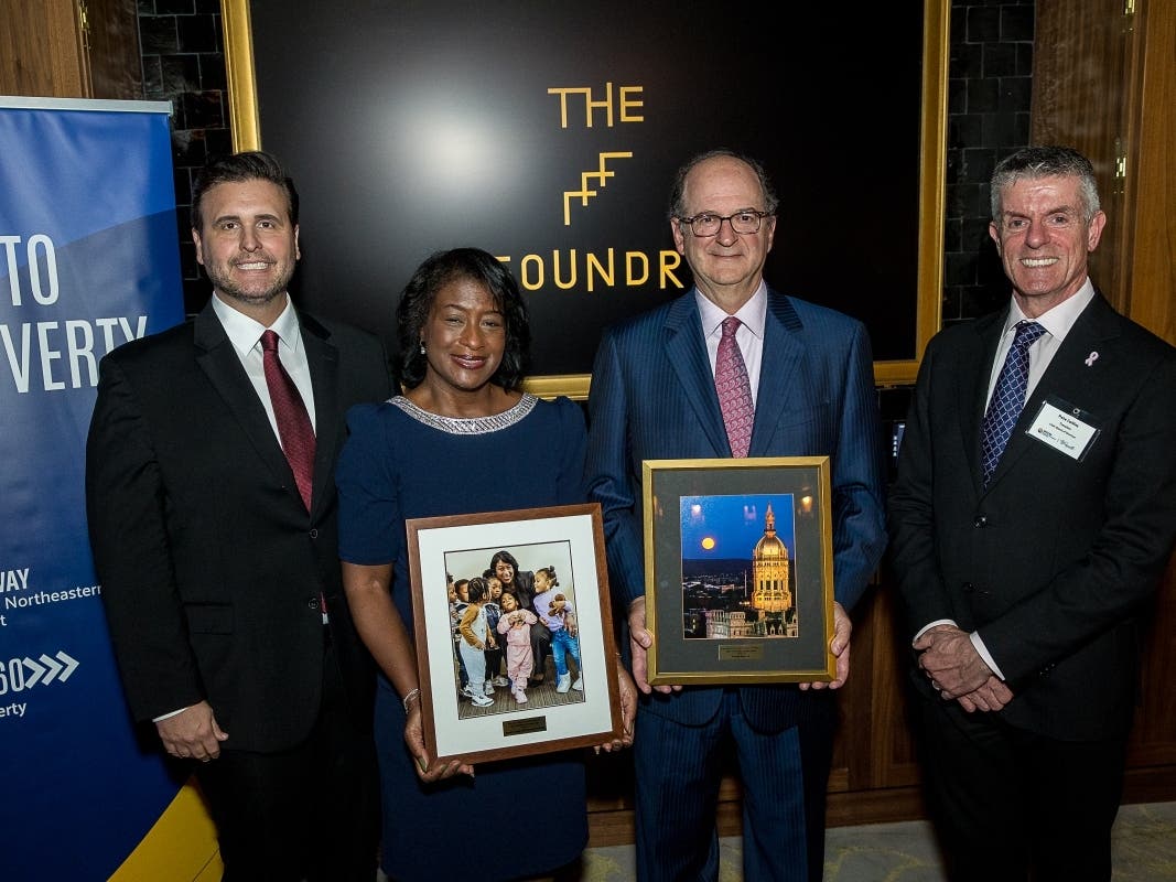 Eric Harrison, President and CEO, United Way of Central and Northeaster CT; Karen Lott, Executive Director, Women's League; Donald Allan Jr., Executive Chair, Stanley Black & Decker; and, Pete Collins, United Way's Immediate Past Board Chair.