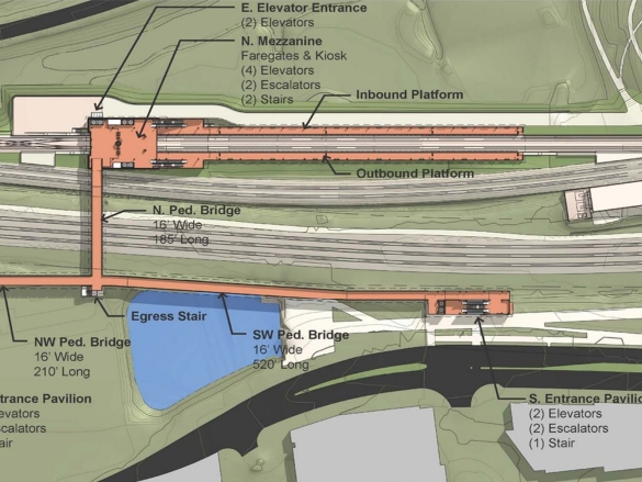 The first concept for a south access point to the Potomac Yard Metro has a pavilion with a bridge to the north entrance.