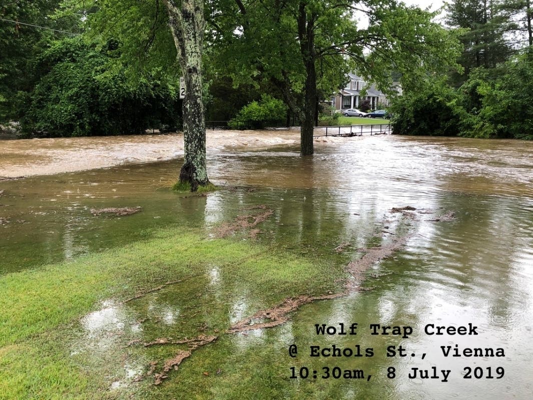 Flooding around Wolftrap Creek resulted from heavy rain in Vienna Monday, July 8.