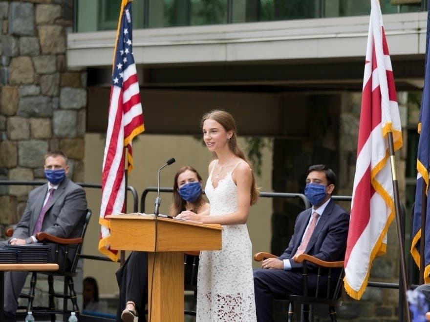 Senior Class President Kat Plaza speaks at The Potomac School’s 2020 commencement ceremony on July 24.