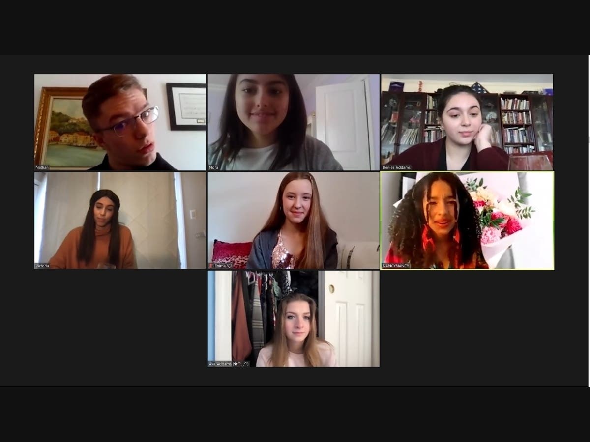 From left to right:  (top) Gunnar Peacock, Gabriella Sanchez, Siannen Keough (middle) Isabella Montesinos Davis, Abhaya Tyrka, Talia-Rose Diorio and (bottom) Tess Jannery-Barney perform in "The Party Hop."