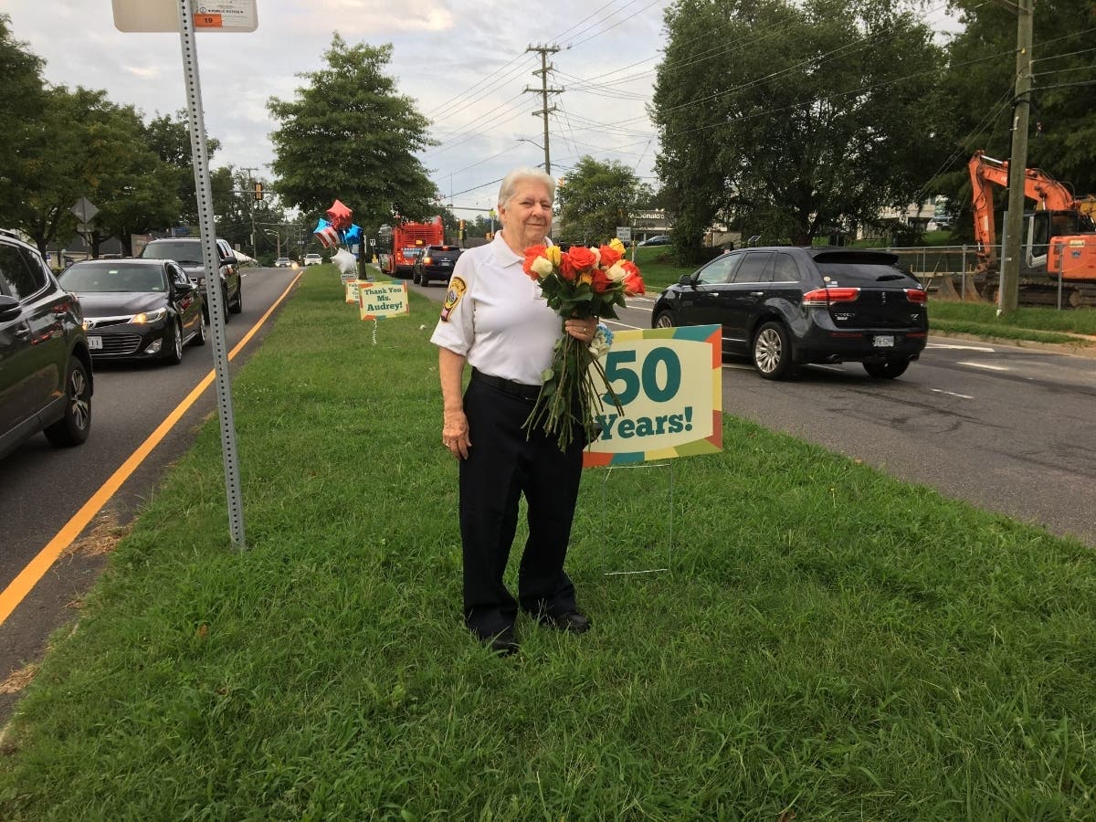 Audrey Luthman is retiring after 50 years of service as a crossing guard in Falls Church. 