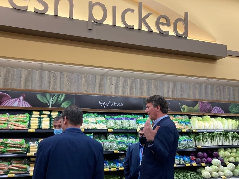 Gov. Glenn Youngkin visited an Alexandria Safeway grocery store Thursday, Feb. 3 to discuss his proposal to eliminate Virginia's grocery tax. 