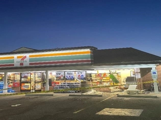 Police are searching for suspects involved in a burglary where a truck crashed into a storefront.