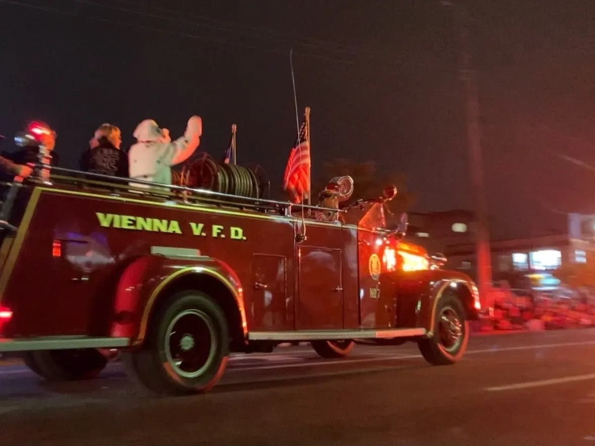 Santa will ride the antique fire engine, pictured here in the Halloween Parade, during the 2023 Santa Runs. 