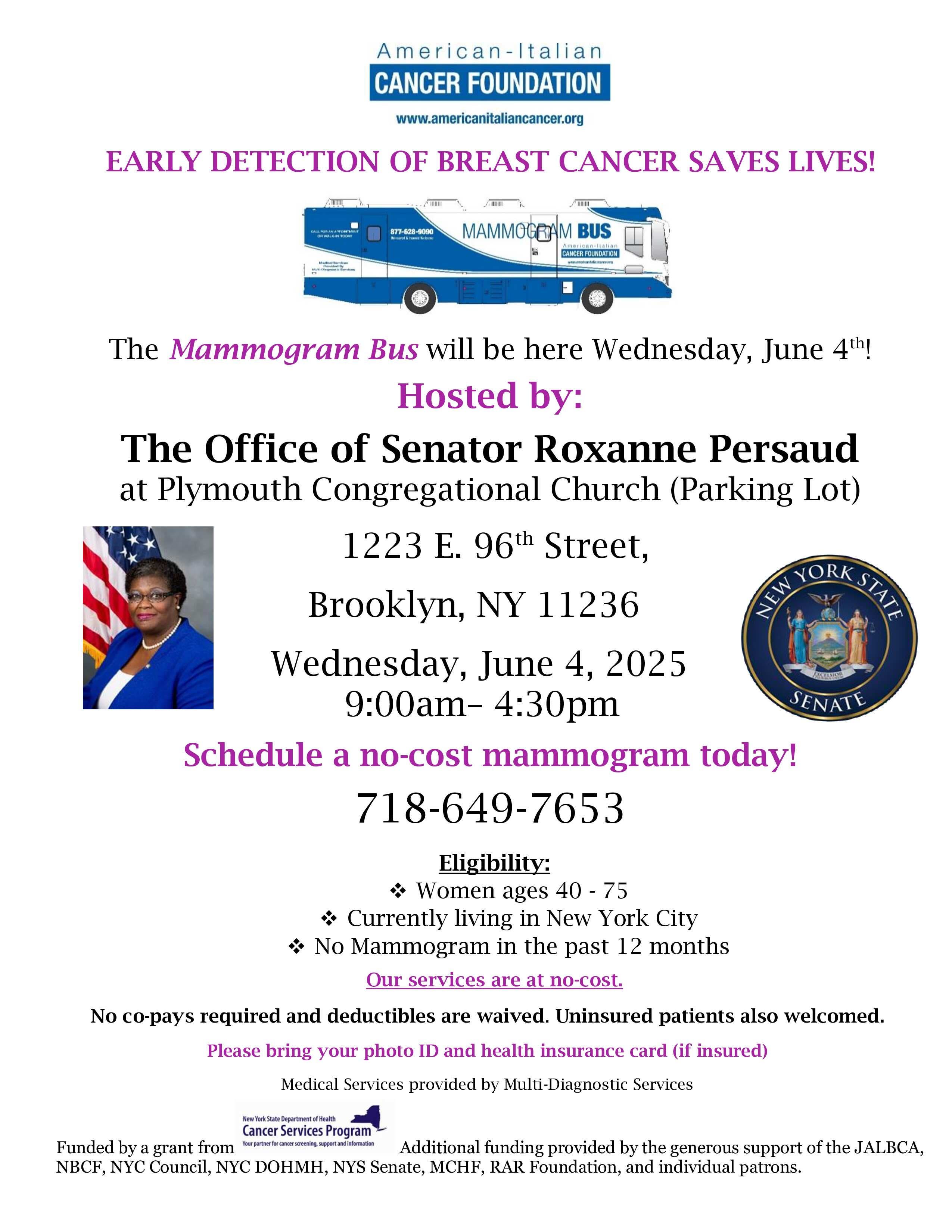 Senator Persaud Hosts Free Mammogram Screening Bus on Wednesday, June 4th!