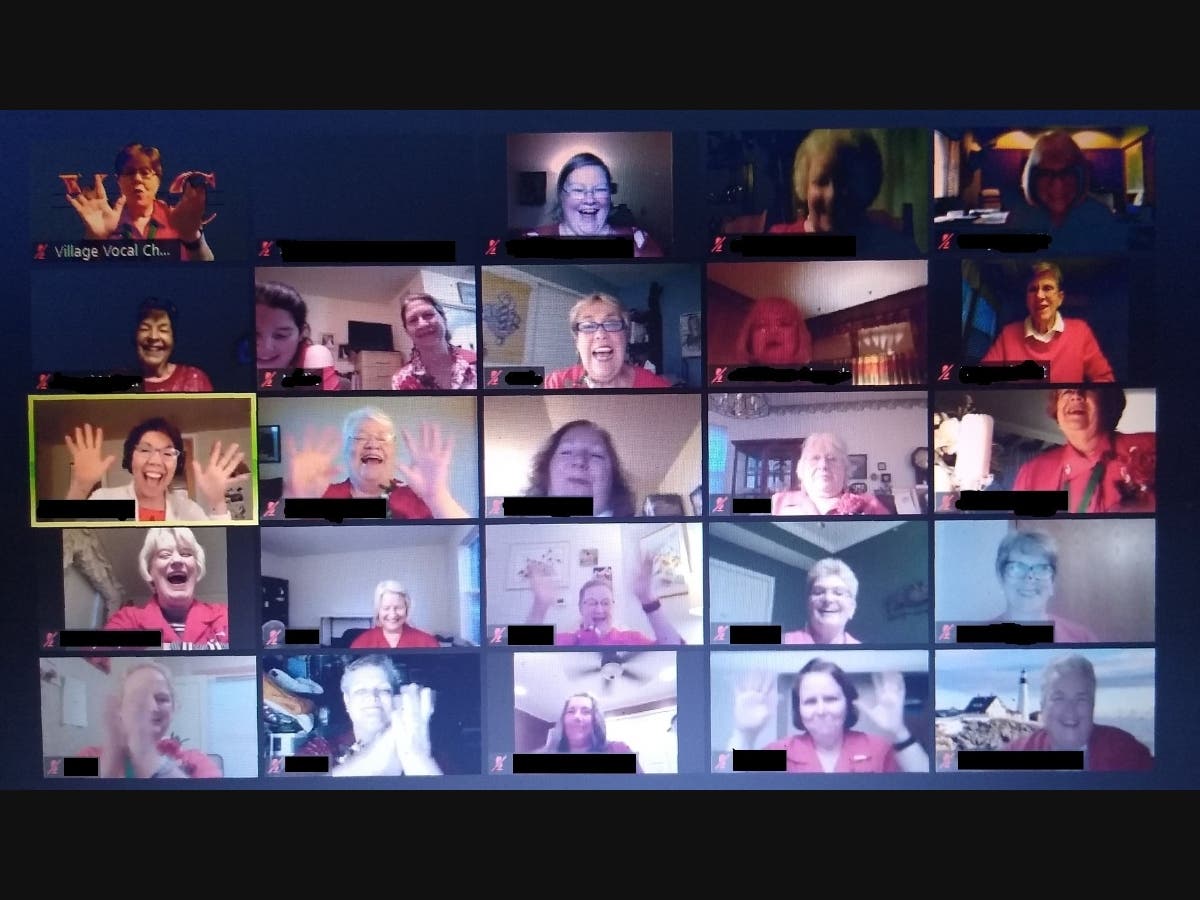 The Village Vocal Chords rehearse via Zoom. The singers mute themselves and sing along to a prerecorded track to avoid sounding like "geese in a blender," director Lynn Randall said.