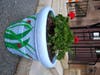 The Civic Pride painted pots at the Library with colorful geraniums
