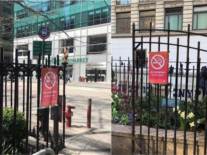 Signs reading "No Smoking of any kind" were posted this week in Bryant Park( Left) and Herald Square Park by the private groups that manage them, following last week's legalization law.