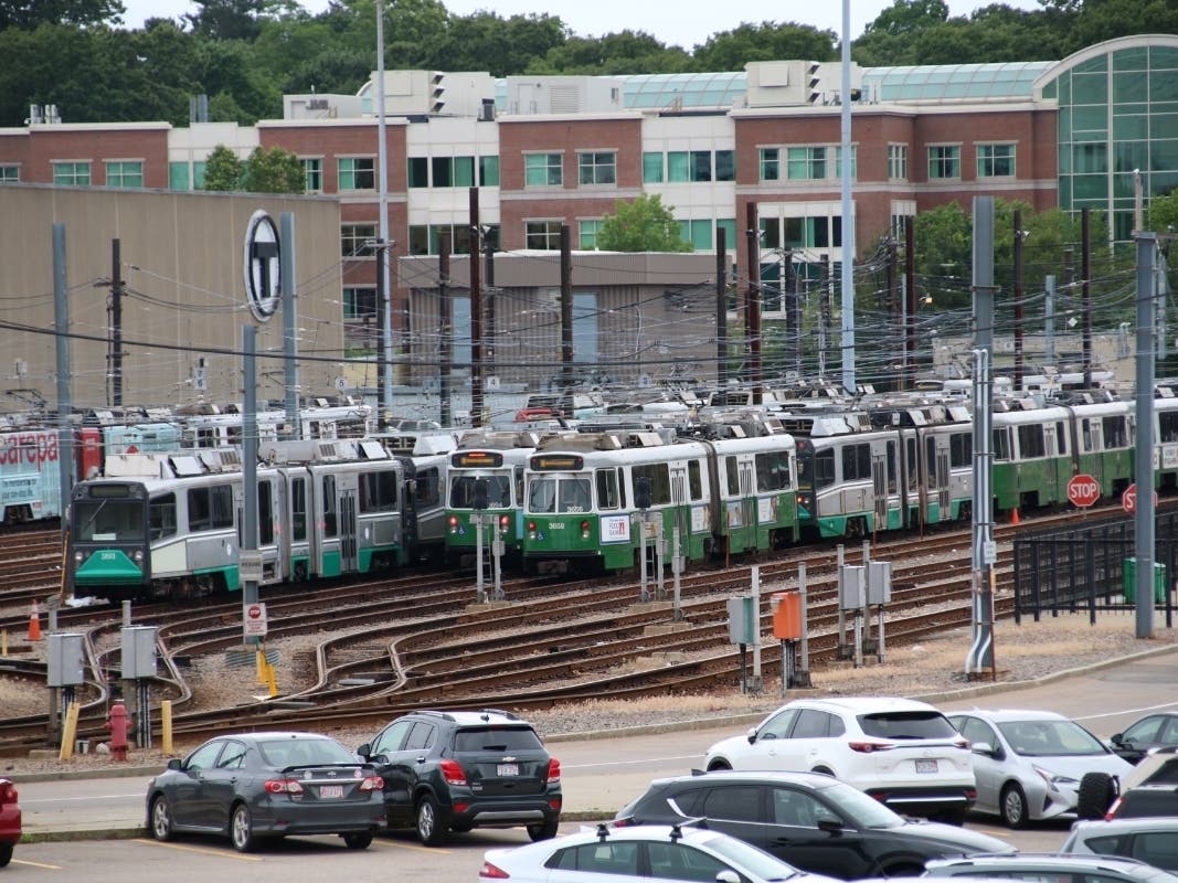 Green Line trains at Riverside.