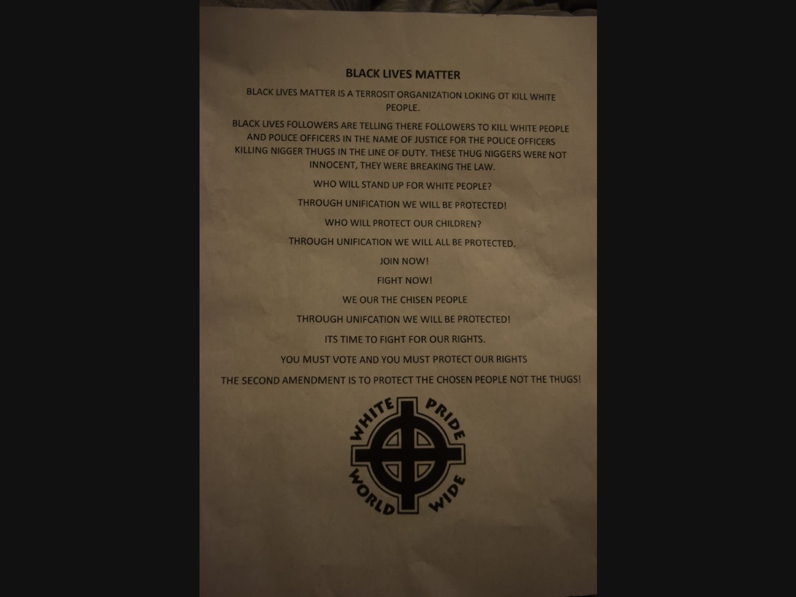 The fliers, riddled with spelling errors and leaving no contact information, were spotted about 7:15 p.m. Saturday near the Martinez Detention Facility. 