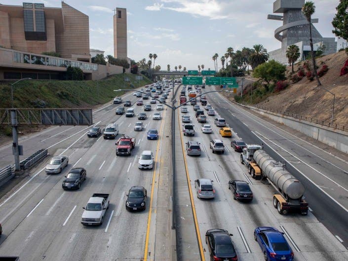 Traffic along highway 101 through downtown Los Angeles on August 7, 2019. 