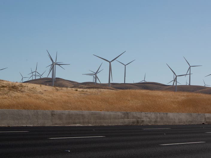 Wind turbines along highway 580. 