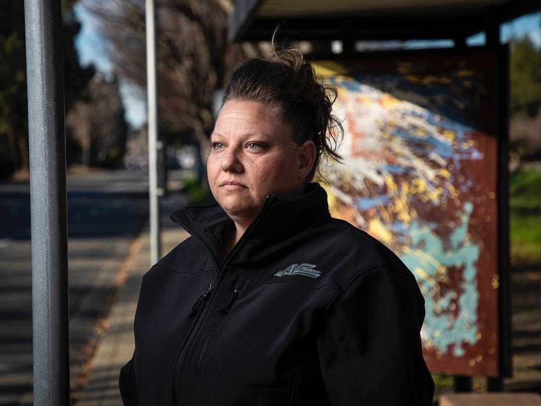 AC Transit driver Brandi Donaldson is photographed at a bus station near her home in Rodeo on Jan. 24, 2022.