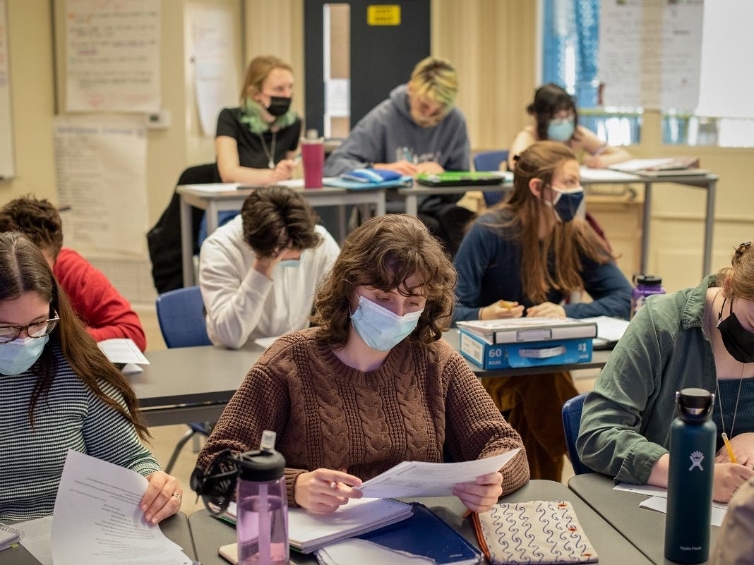 Students in an AP English Literature + Composition class at Nevada Union High School in Grass Valley on March 1, 2022. Statewide, California public school enrollment is declining.