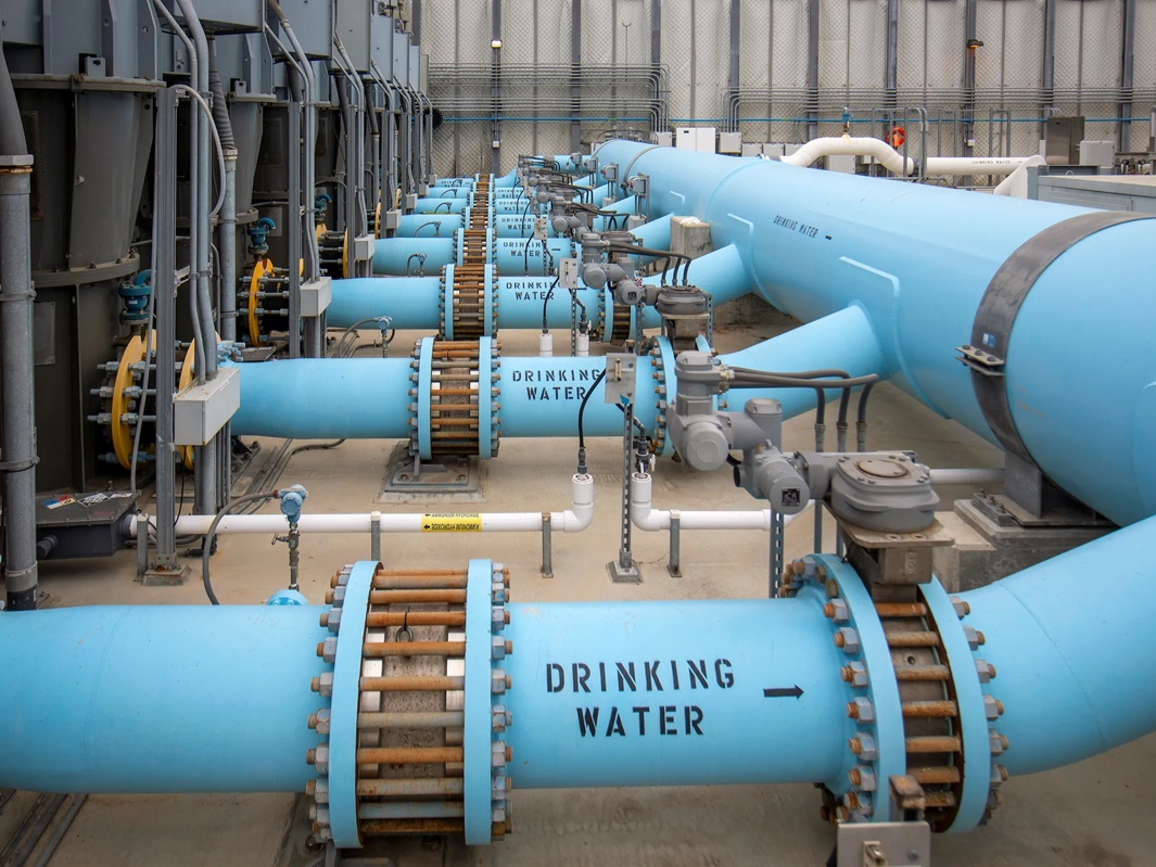 Pipes containing drinking water at the Poseidon Water desalination plant in Carlsbad on June 22, 2021. 