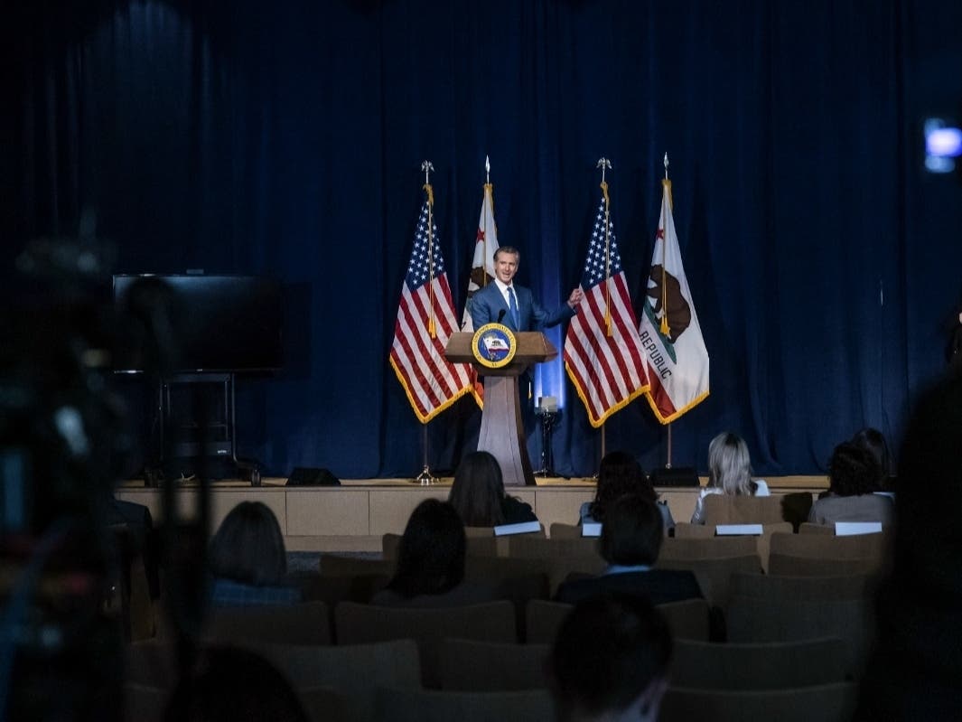Gov. Gavin Newsom unveils his revised budget proposal for 2023-24 during a press briefing at the state Natural Resources Agency in Sacramento on May 12, 2023.