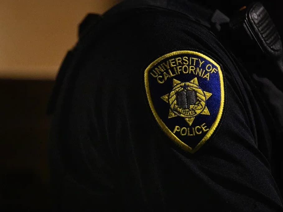 The badge of a University of California Police officer at a pro-Palestine encampment at UC San Diego on May 1, 2024.